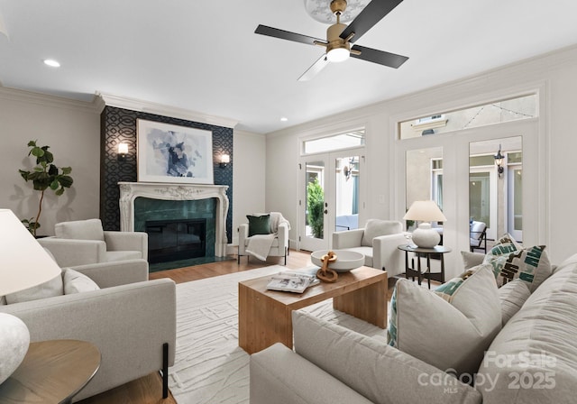 4429 Cameron Oaks Dr, Charlotte, NC 28211 - living area with a ceiling fan, recessed lighting, ornamental molding, wood finished floors, and a fireplace