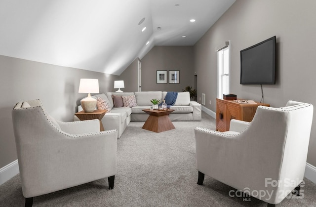 4429 Cameron Oaks Dr, Charlotte, NC 28211 - carpeted living room with lofted ceiling, recessed lighting, and baseboards