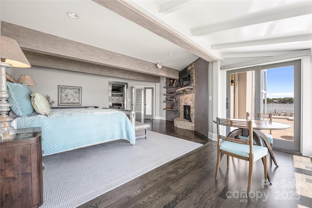 3386 Governors Island Dr, Denver, NC 28037 - bedroom featuring a fireplace, wood finished floors, baseboards, beam ceiling, and access to outside