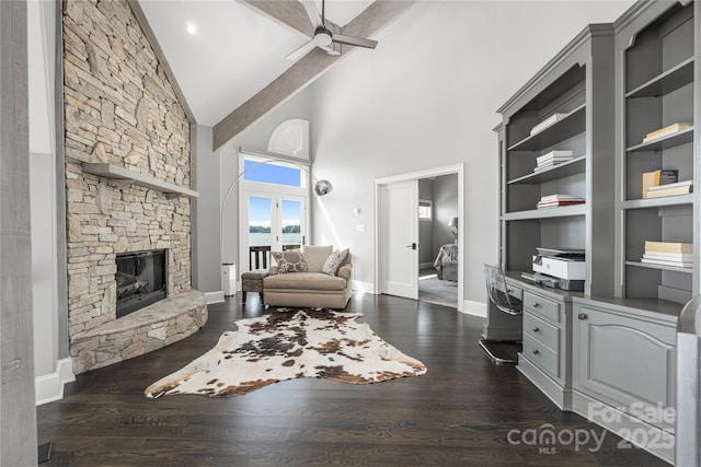 3386 Governors Island Dr, Denver, NC 28037 - living area with french doors, high vaulted ceiling, ceiling fan, baseboards, and dark wood finished floors
