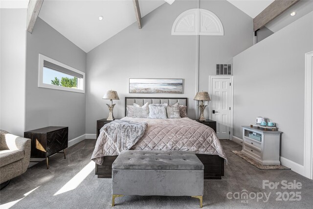 3386 Governors Island Dr, Denver, NC 28037 - carpeted bedroom featuring high vaulted ceiling, baseboards, and beam ceiling