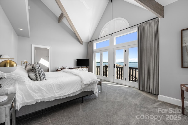 3386 Governors Island Dr, Denver, NC 28037 - carpeted bedroom with access to outside, beam ceiling, high vaulted ceiling, and baseboards