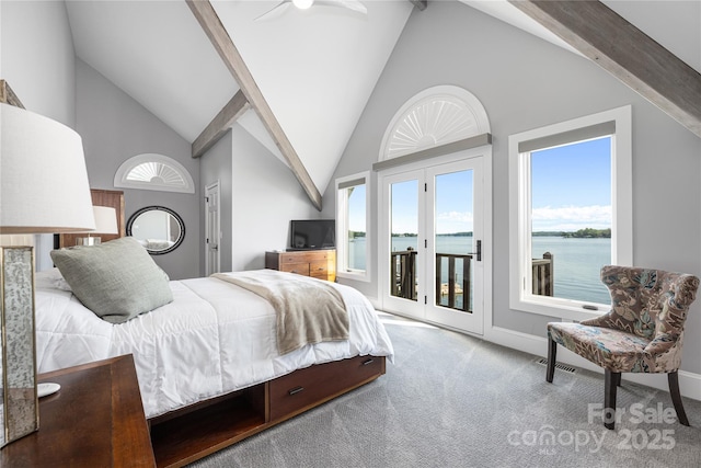 3386 Governors Island Dr, Denver, NC 28037 - bedroom featuring access to outside, carpet, high vaulted ceiling, baseboards, and beam ceiling