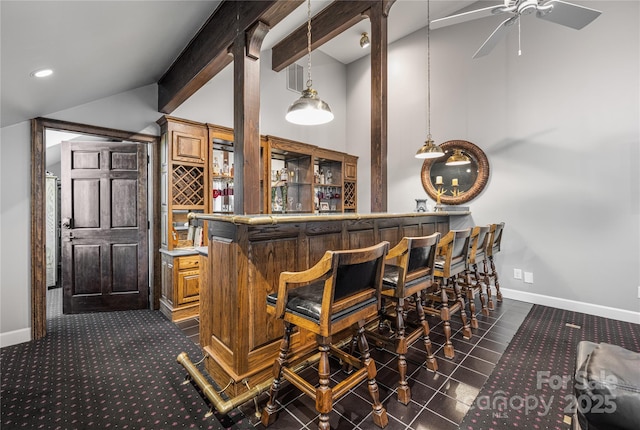 3386 Governors Island Dr, Denver, NC 28037 - indoor dry bar featuring vaulted ceiling, baseboards, hanging light fixtures, ceiling fan, and recessed lighting