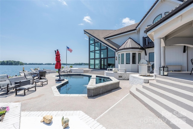 3386 Governors Island Dr, Denver, NC 28037 - swimming pool featuring area for grilling, a patio, grilling area, and a water view