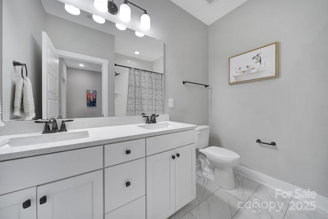 2025 Masons Bend Dr, Fort Mill, SC 29708 - full bath with toilet, baseboards, marble finish floors, a shower with shower curtain, and double vanity