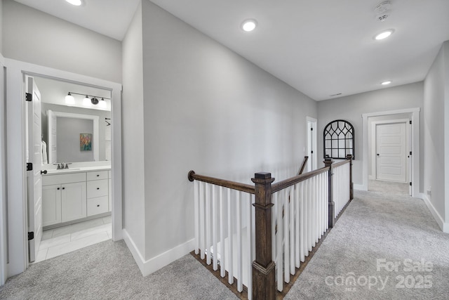 2025 Masons Bend Dr, Fort Mill, SC 29708 - hall featuring light carpet, baseboards, an upstairs landing, and recessed lighting