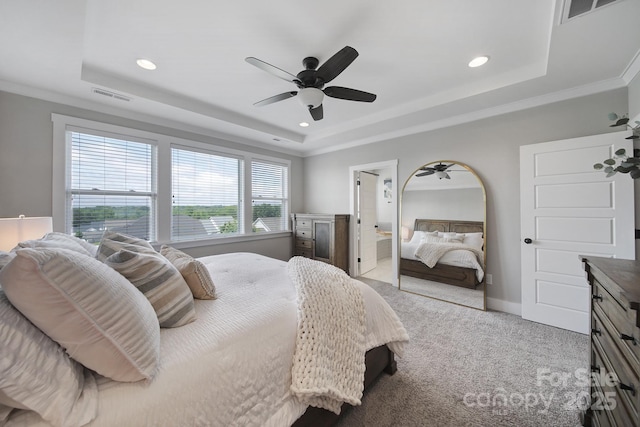 2025 Masons Bend Dr, Fort Mill, SC 29708 - carpeted bedroom featuring a tray ceiling, recessed lighting, a ceiling fan, and baseboards