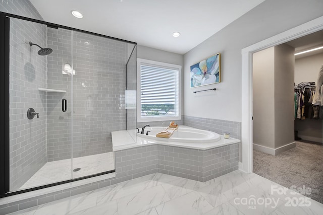 2025 Masons Bend Dr, Fort Mill, SC 29708 - bathroom with a stall shower, a garden tub, a walk in closet, baseboards, and recessed lighting