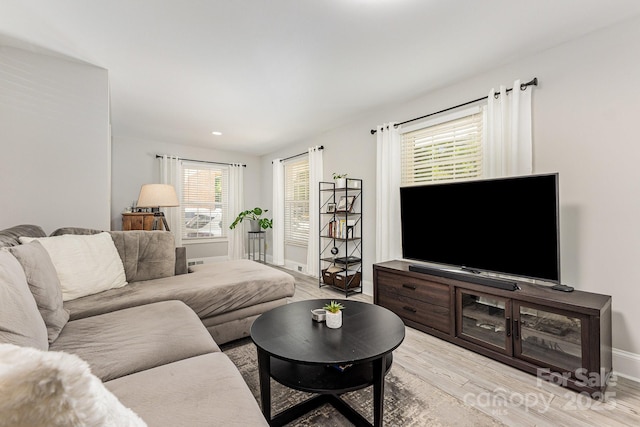 living room featuring light wood-type flooring and baseboards