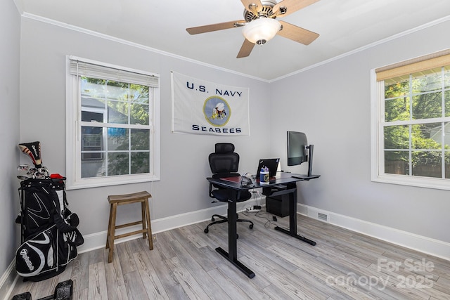 office with light wood finished floors, ornamental molding, plenty of natural light, baseboards, and a ceiling fan