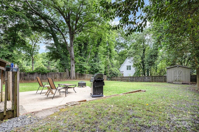 view of yard with a storage unit, a patio area, and an outbuilding