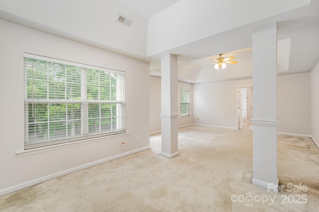 15037 Taylor Ridge Ln Unit 25, Charlotte, NC 28273 - empty room featuring ornate columns, light carpet, baseboards, and a ceiling fan