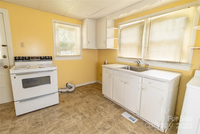 kitchen featuring visible vents, a sink, white cabinetry, open shelves, and electric stove
