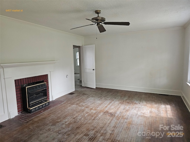 6407 Market St, Charlotte, NC 28215 - unfurnished living room featuring wood finished floors, a ceiling fan, a fireplace, crown molding, and baseboards