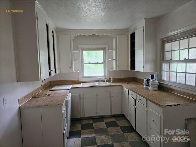 6407 Market St, Charlotte, NC 28215 - kitchen featuring a sink, wooden counters, open shelves, dark floors, and a textured ceiling
