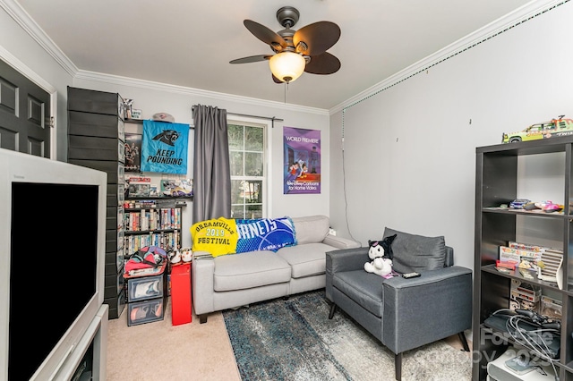 201 Easy St, Concord, NC 28027 - living area with ornamental molding, a ceiling fan, and carpet