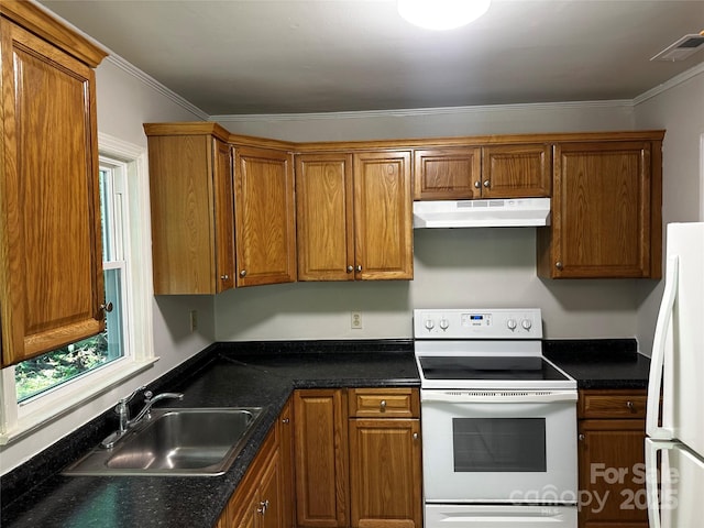 1119 Sanders St, Rock Hill, SC 29732 - kitchen featuring under cabinet range hood, white appliances, visible vents, a sink, and brown cabinets