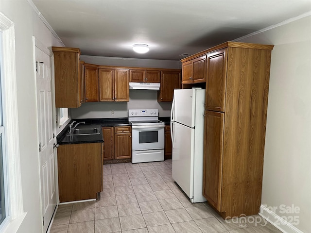 1119 Sanders St, Rock Hill, SC 29732 - kitchen with brown cabinets, a sink, dark countertops, white appliances, and under cabinet range hood
