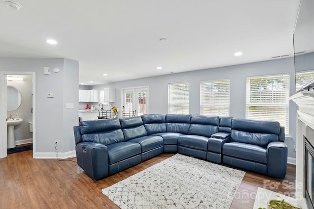 10431 Plantain Ct, Charlotte, NC 28213 - living area with wood finished floors, baseboards, recessed lighting, and a glass covered fireplace