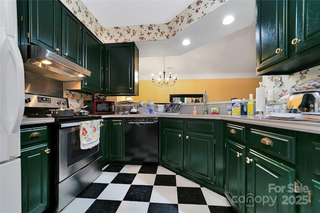kitchen with electric stove, dishwasher, under cabinet range hood, a chandelier, and green cabinets