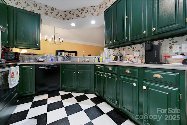 kitchen featuring dishwasher, a chandelier, light countertops, light floors, and a sink