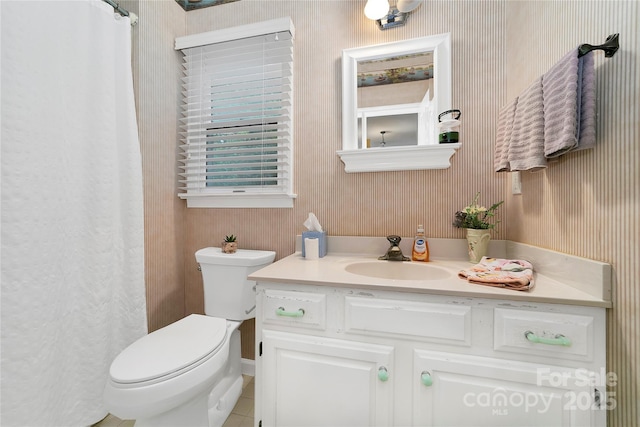 full bath featuring wallpapered walls, toilet, and vanity