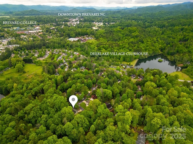 drone / aerial view of a water and mountain view and a heavily wooded area