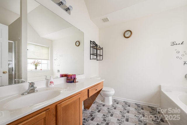 10016 Lawing School Rd, Charlotte, NC 28214 - bathroom with vanity, a bath, an enclosed shower, and lofted ceiling