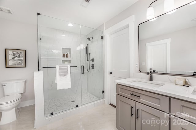 9527 Walkers Ferry Rd, Charlotte, NC 28214 - bathroom featuring a marble finish shower, vanity, tile patterned flooring, and recessed lighting