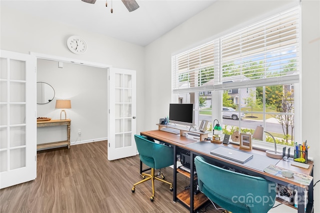191 Tackle Box Dr, Troutman, NC 28166 - home office featuring french doors, a ceiling fan, wood finished floors, and baseboards