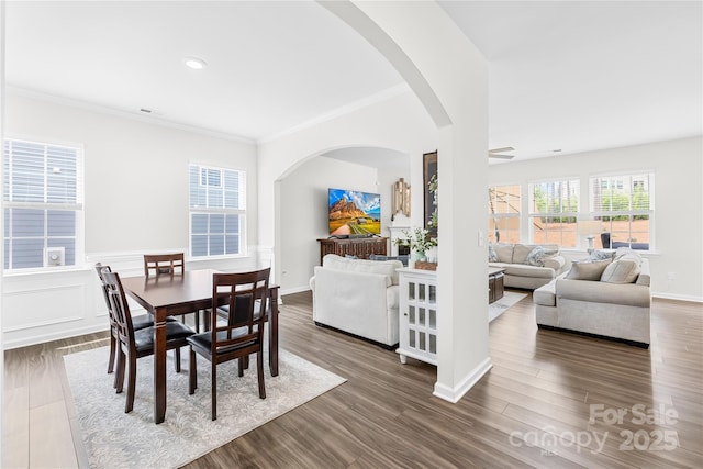 191 Tackle Box Dr, Troutman, NC 28166 - dining room with arched walkways, ornamental molding, dark wood-style flooring, baseboards, and recessed lighting