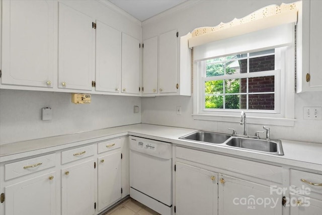 8017 Prince George Rd, Charlotte, NC 28210 - kitchen with white dishwasher, a sink, white cabinetry, light countertops, and crown molding