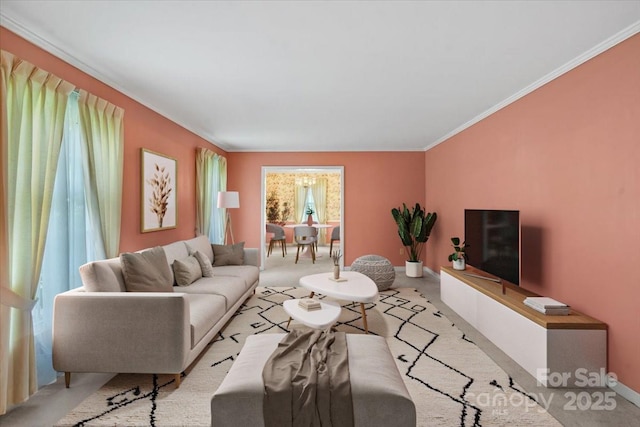 8017 Prince George Rd, Charlotte, NC 28210 - living room with light carpet, ornamental molding, and baseboards