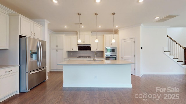 14506 Knowledge Cir, Charlotte, NC 28277 - kitchen with stainless steel appliances, a sink, light countertops, backsplash, and crown molding
