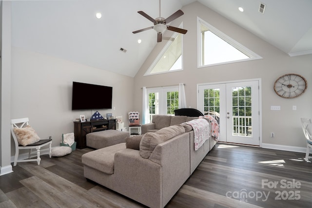 126 Strand Rd, New London, NC 28127 - living room with french doors, high vaulted ceiling, ceiling fan, baseboards, and dark wood finished floors