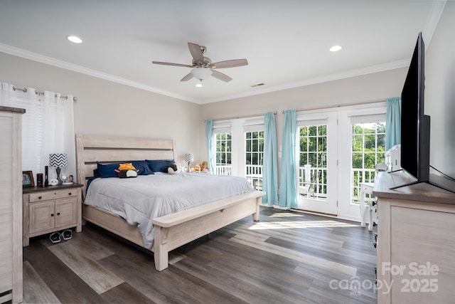 126 Strand Rd, New London, NC 28127 - bedroom with access to outside, multiple windows, dark wood-type flooring, recessed lighting, and crown molding