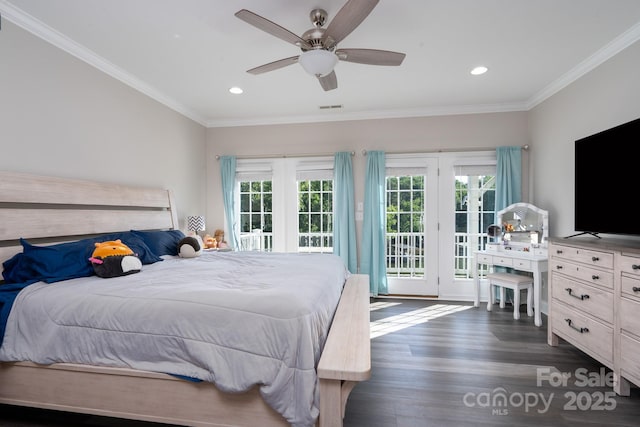 126 Strand Rd, New London, NC 28127 - bedroom featuring access to exterior, multiple windows, wood finished floors, crown molding, and recessed lighting