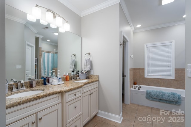 126 Strand Rd, New London, NC 28127 - full bath with tile patterned flooring, double vanity, ornamental molding, a bath, and a shower with curtain