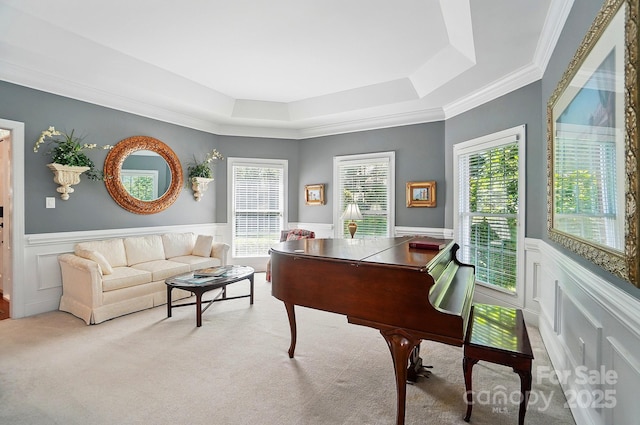 5718 Bardsey Ct, Matthews, NC 28104 - office space with a tray ceiling, wainscoting, carpet flooring, ornamental molding, and a decorative wall
