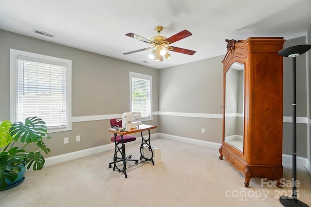 5718 Bardsey Ct, Matthews, NC 28104 - home office with ceiling fan, light carpet, and baseboards