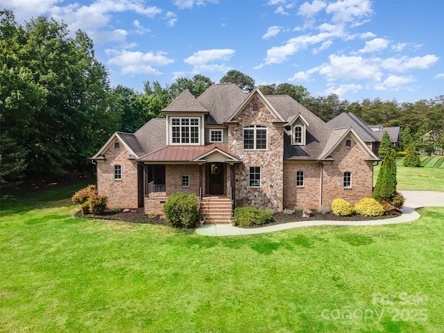 1010 Nutall Oak Ln, Belmont, NC 28012 - craftsman inspired home with roof with shingles, brick siding, metal roof, a front lawn, and a standing seam roof