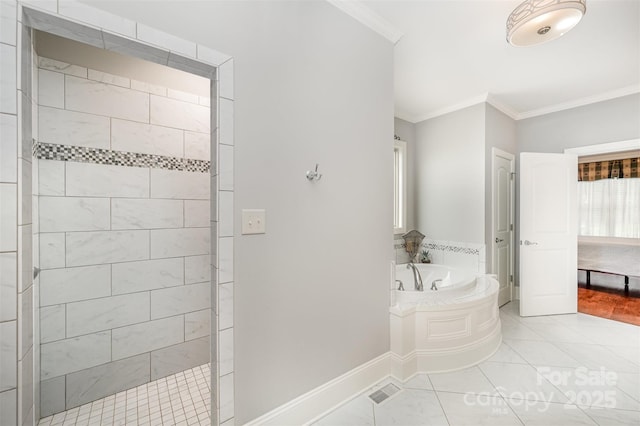 1010 Nutall Oak Ln, Belmont, NC 28012 - full bathroom featuring walk in shower, ornamental molding, a bath, and baseboards
