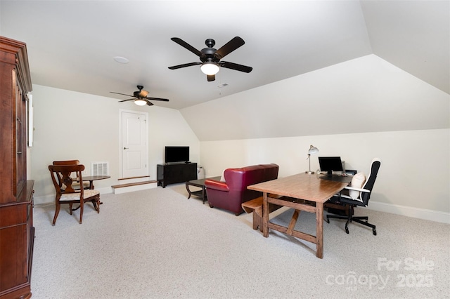 1010 Nutall Oak Ln, Belmont, NC 28012 - carpeted office featuring a ceiling fan, baseboards, visible vents, and vaulted ceiling