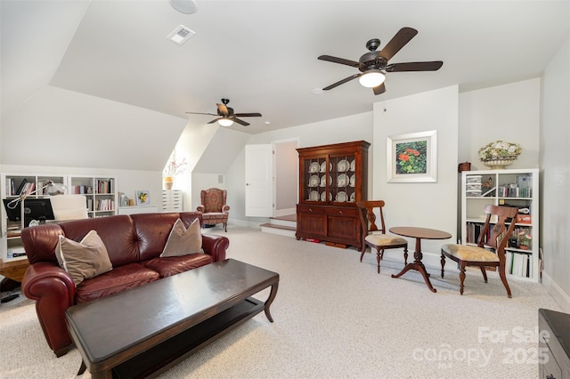 1010 Nutall Oak Ln, Belmont, NC 28012 - living area with baseboards, carpet flooring, visible vents, ceiling fan, and vaulted ceiling