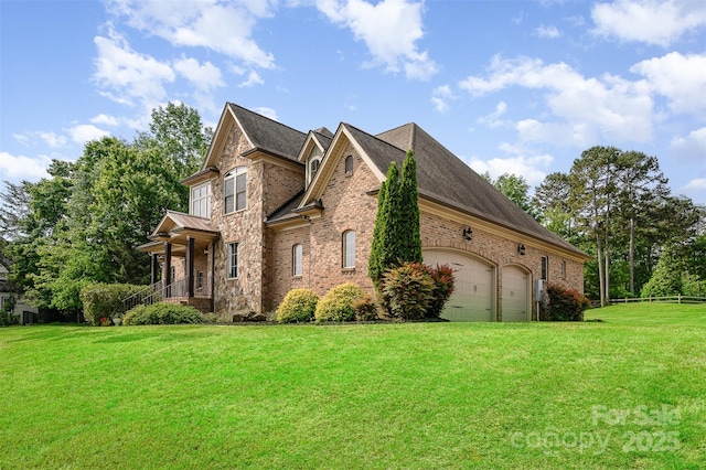 1010 Nutall Oak Ln, Belmont, NC 28012 - view of side of home featuring a yard, an attached garage, a shingled roof, and brick siding