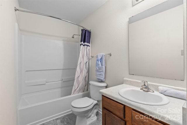 bathroom with toilet, shower / bathtub combination with curtain, and vanity