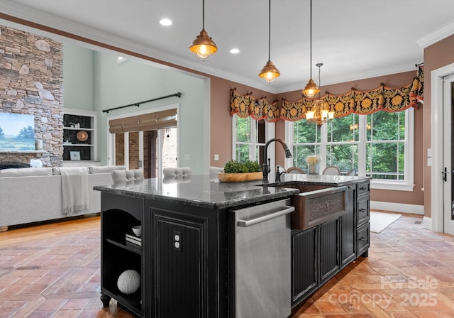 3815 Stoney Ridge Trl, Charlotte, NC 28210 - kitchen featuring dishwasher, a sink, dark cabinets, crown molding, and plenty of natural light