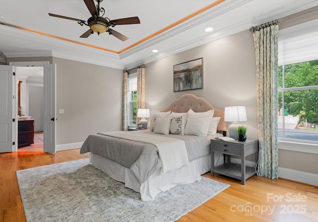3815 Stoney Ridge Trl, Charlotte, NC 28210 - bedroom with crown molding, light wood finished floors, baseboards, recessed lighting, and ceiling fan
