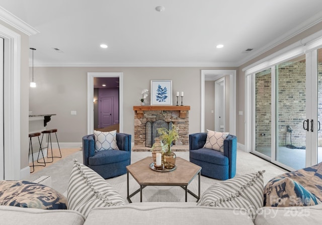 3815 Stoney Ridge Trl, Charlotte, NC 28210 - living room with a fireplace, crown molding, baseboards, recessed lighting, and light carpet